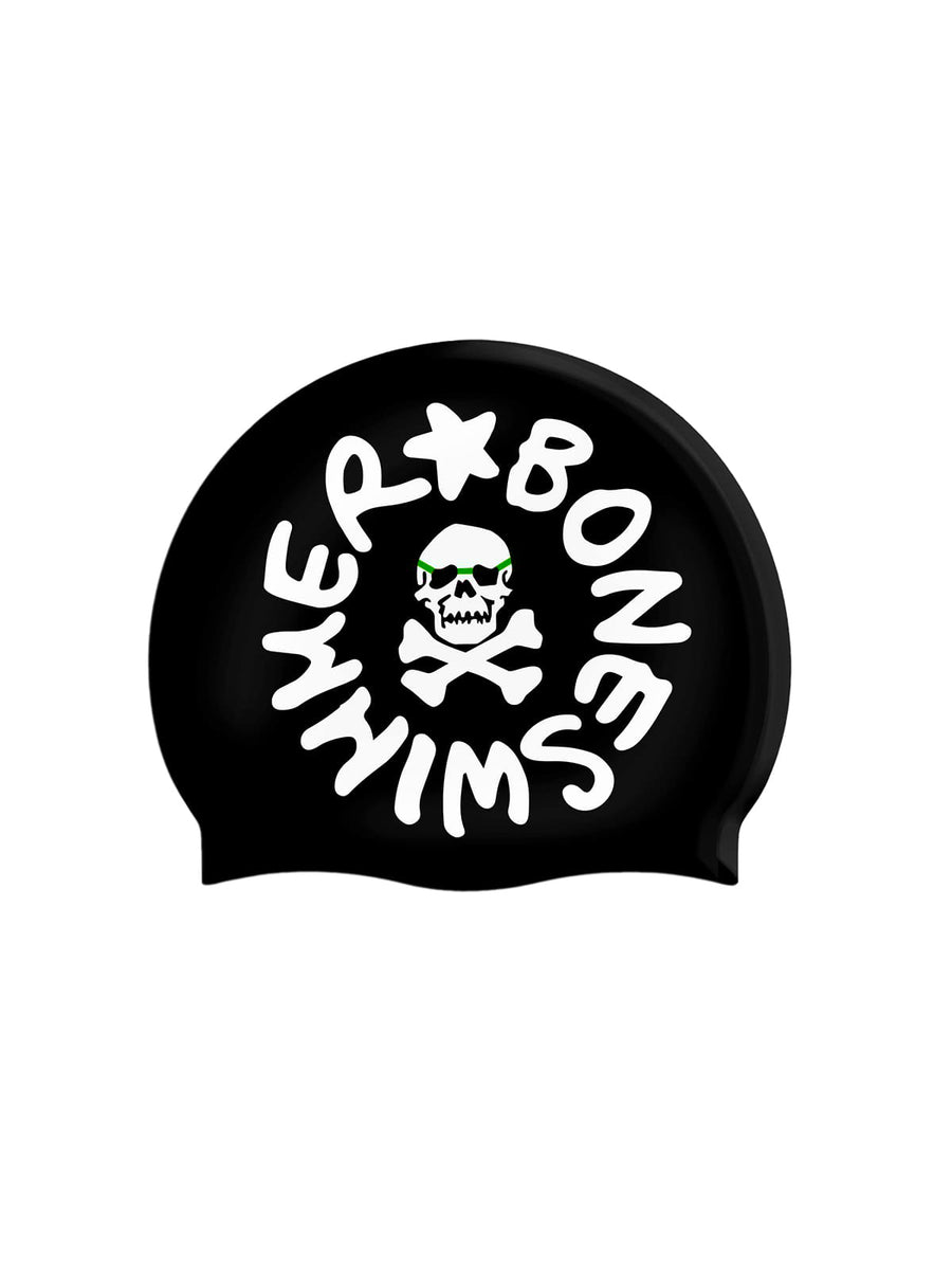 Badekappe Silikon — Schwarz, großes weißes Logo